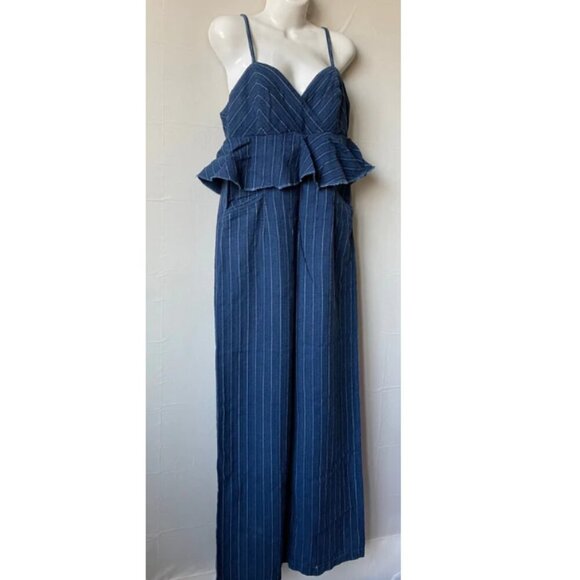 Anthropologie Denim Jumpsuit Womens Blue Sleeveless Peplum Ruffled Striped Long - Picture 6 of 9